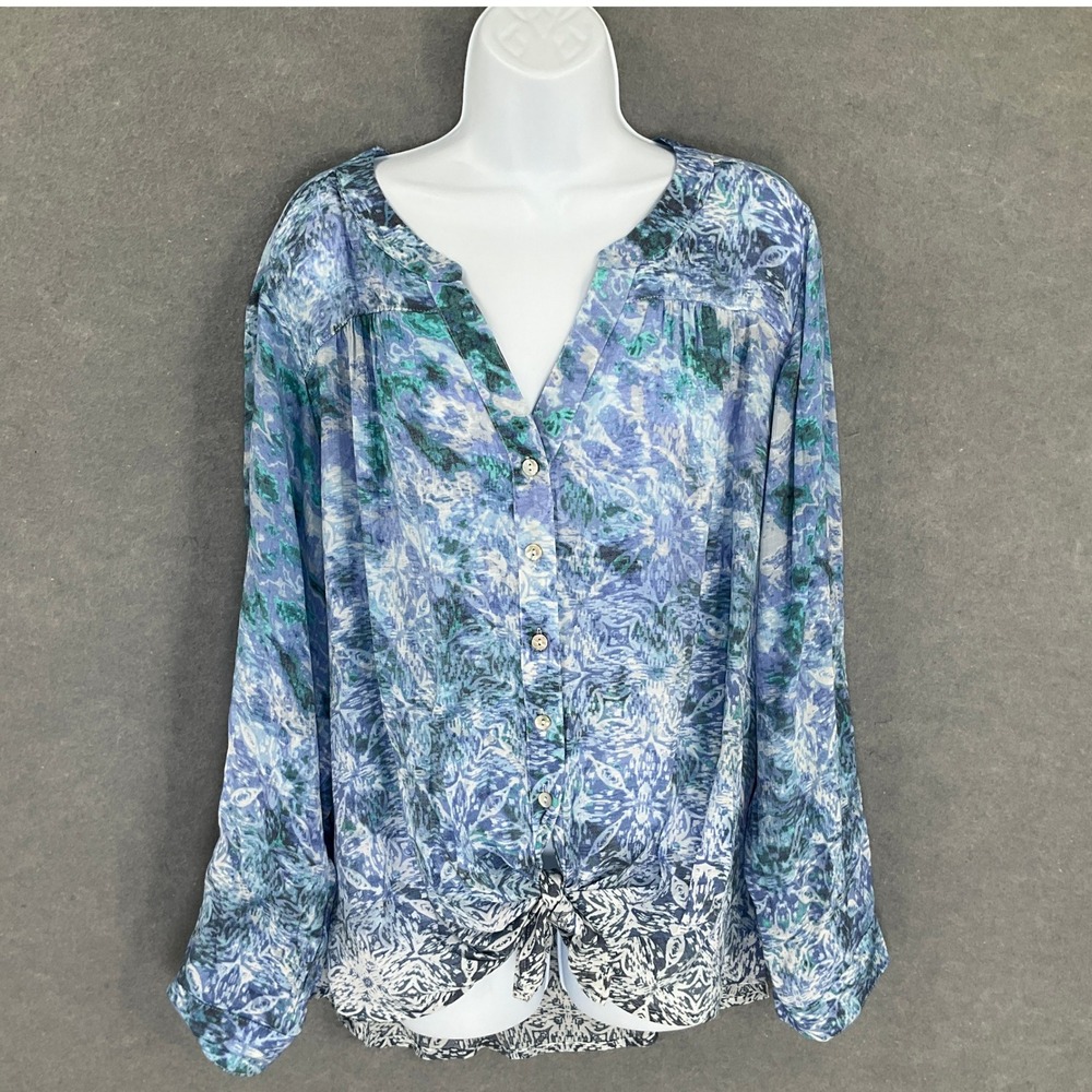 Zac & Rachel Top Woman Sz 1X Blue Floral Print Button Tie Front Bohemian